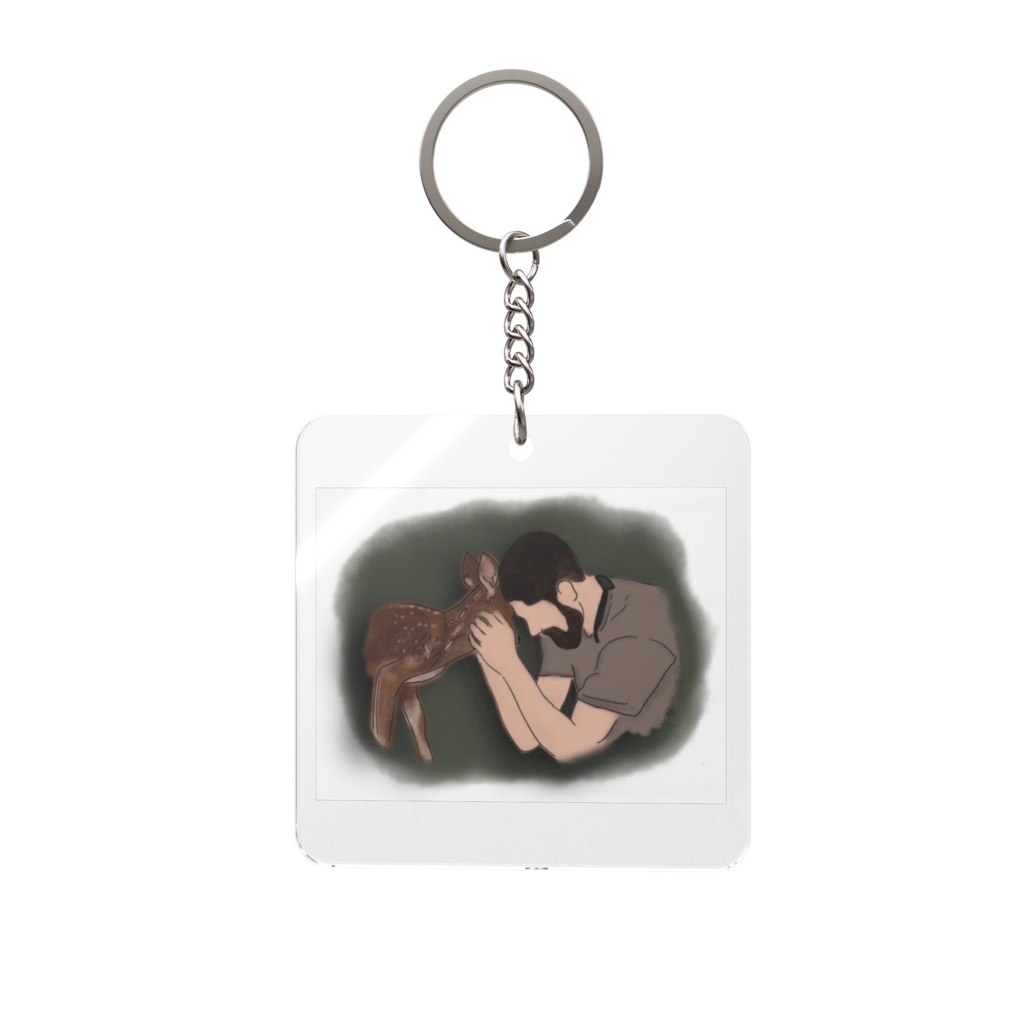 Square Keychain — Man Hugging Fawn Acrylic Keychain | Rustic Wildlife Sympathy Gift