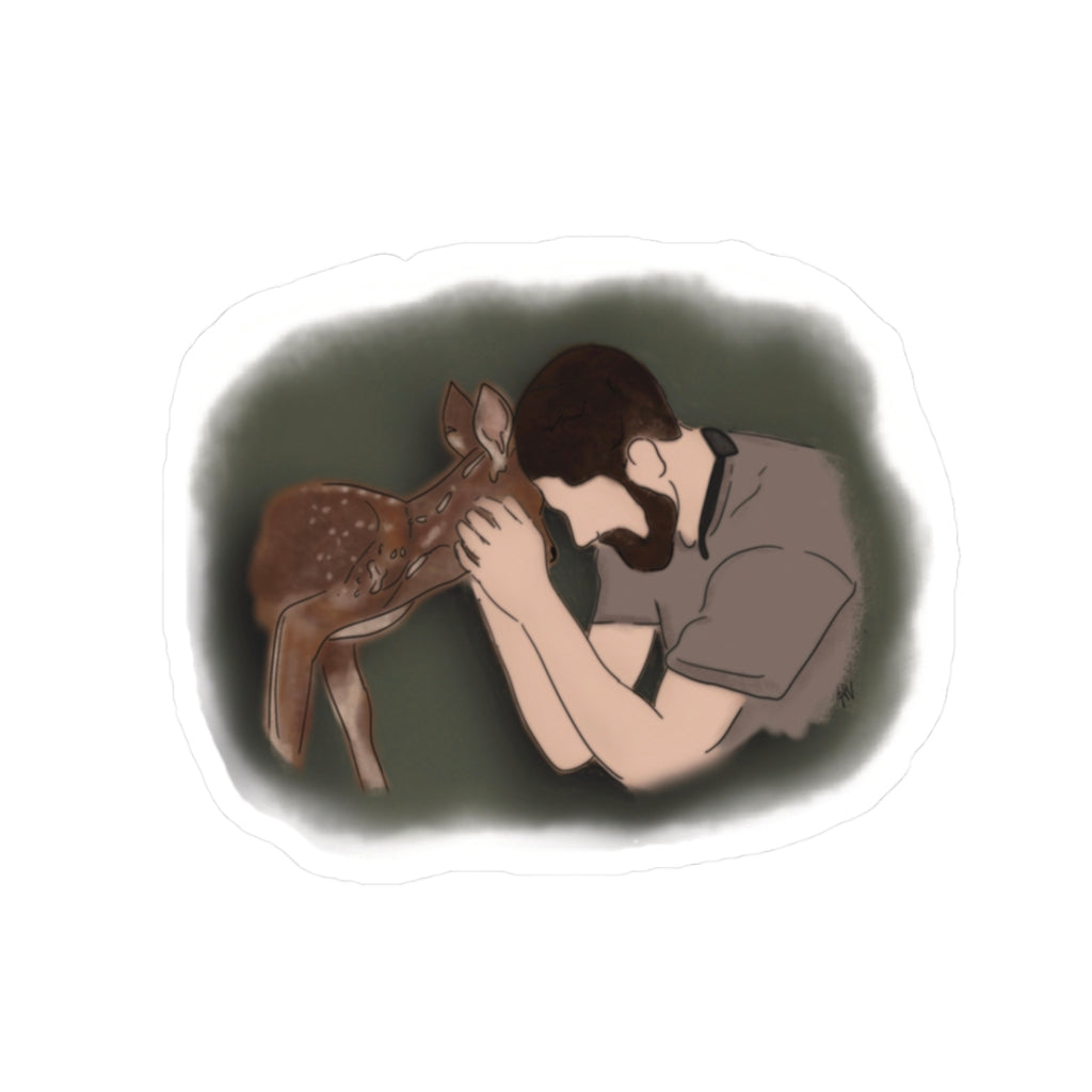 RIH MAC Deer Whisperer Kiss-Cut Sticker — Man Cuddling Fawn Decorative Laptop Sticker